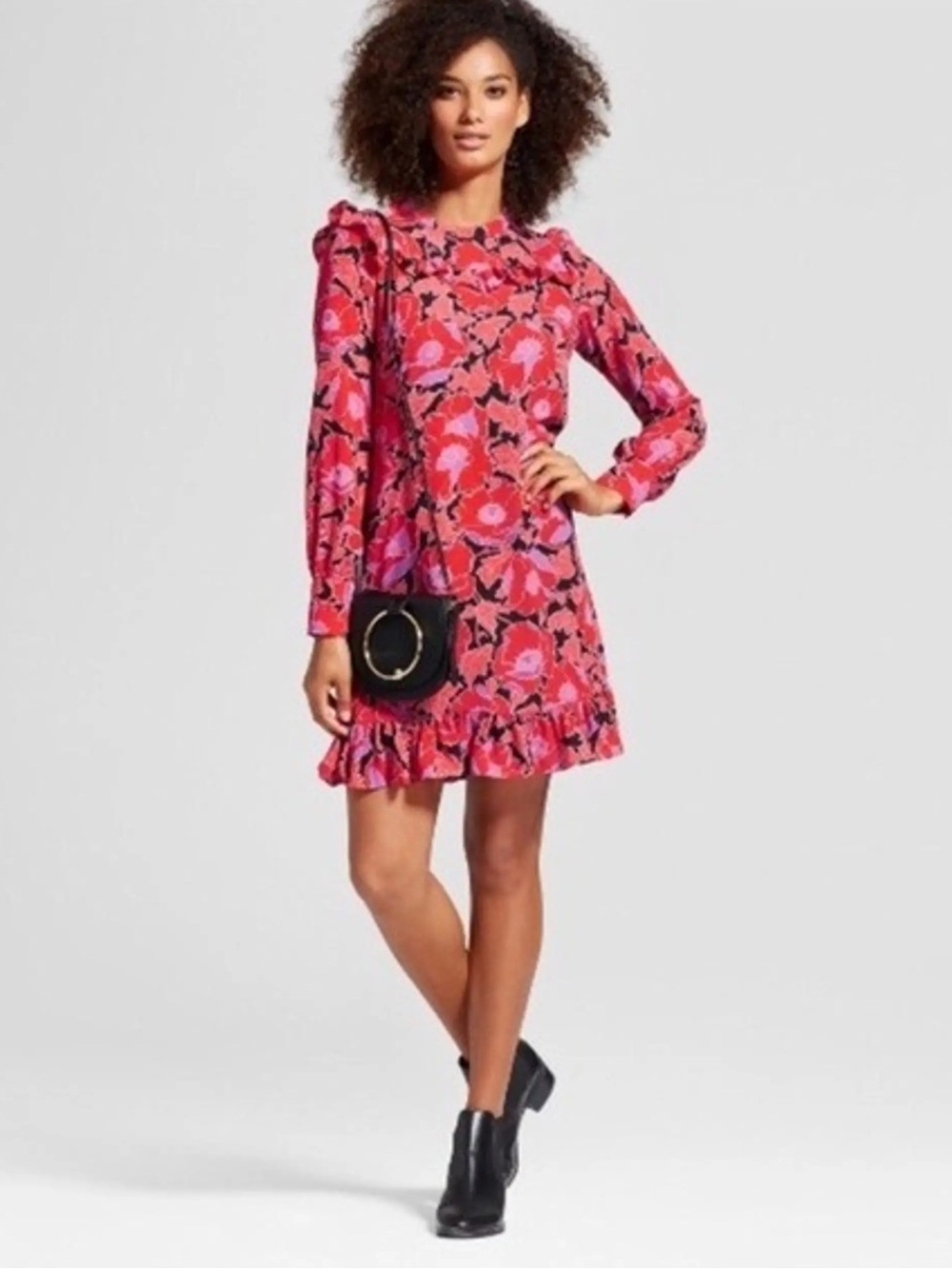 Who What Wear Floral Poppy Red and Black Ruffled Mini Dress